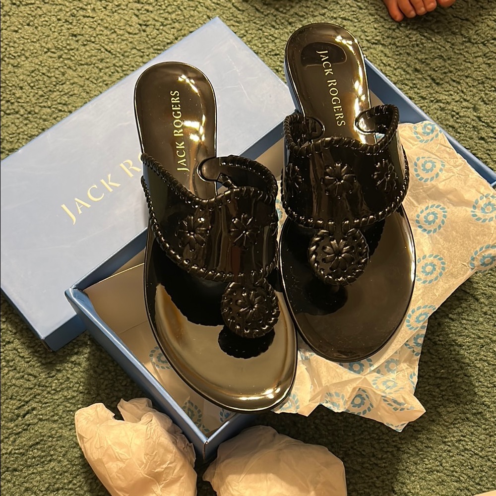 Jack Rogers Black Sandals with Medallion Design
